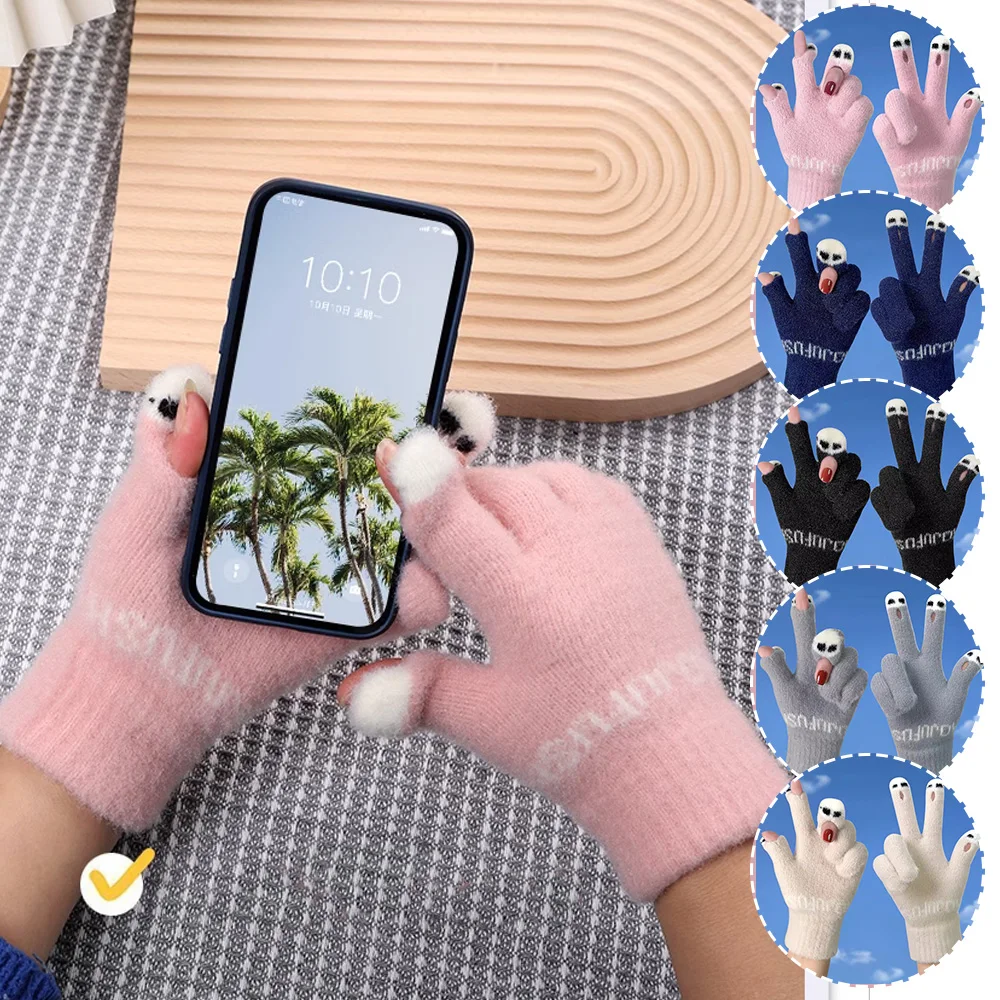 

Winter Fingertip Warm Gloves Cute Panda Full Finger Mittens Split Fingers Gloves Touchscreen Flexible Warm Knitted Mittens