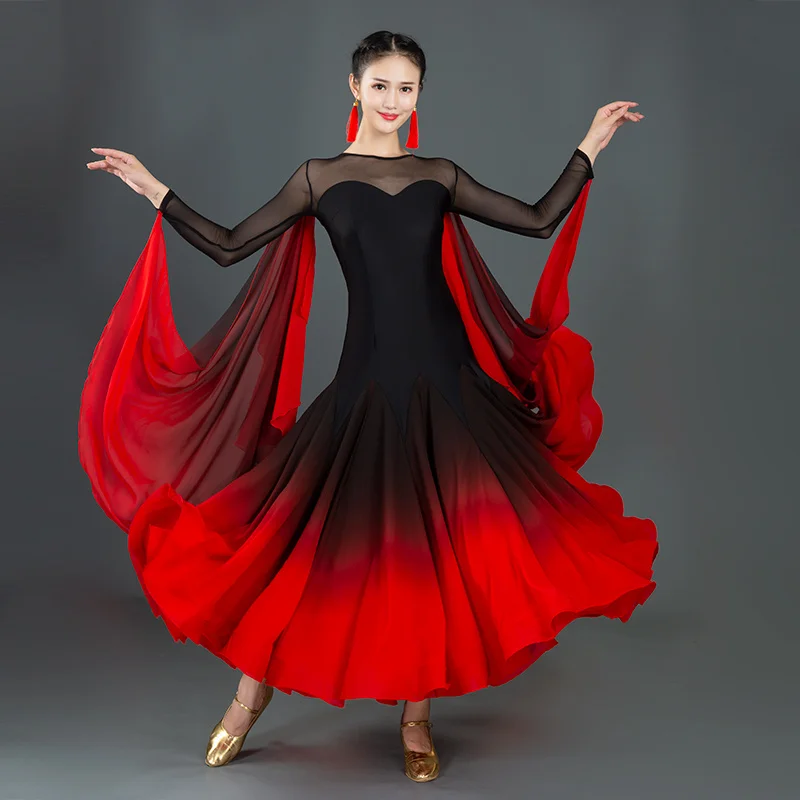 

Hot Sale Women Adult International Standard Performance Practice Wear Black Red Ballroom Dance Dress For Sale