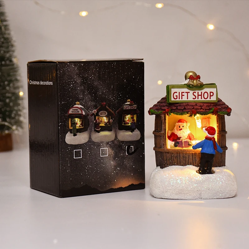 Christmas LED Light Resin House Santa Claus Gift Shop Ornaments 2025 New Year Decoration for Home Luminous Cabin Landscape Craft