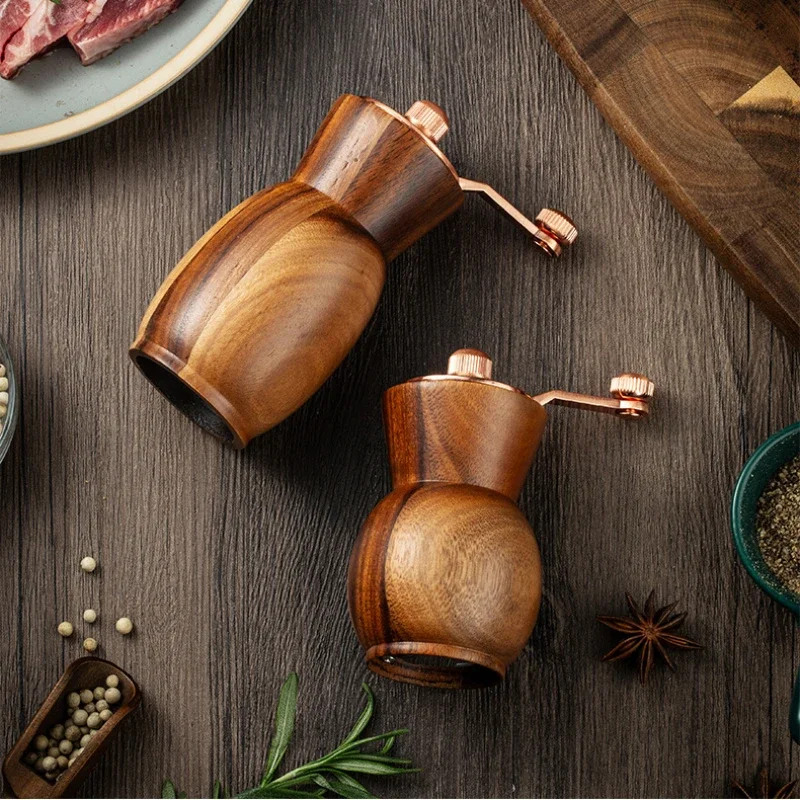 Wooden Salt and Pepper Grinder Hand Cranked Grinder Set with Base Multi-Purpose Pepper Mills Seasoning Box Kitchen Cooking Tools