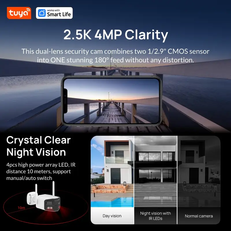Tuya Smart 4MP 2.5K Dual-Lens Large wide 180°Security Camera , Outdoor Camera,With Color Night Vision/Siren/2-Way Talk IP Camera - Image 5