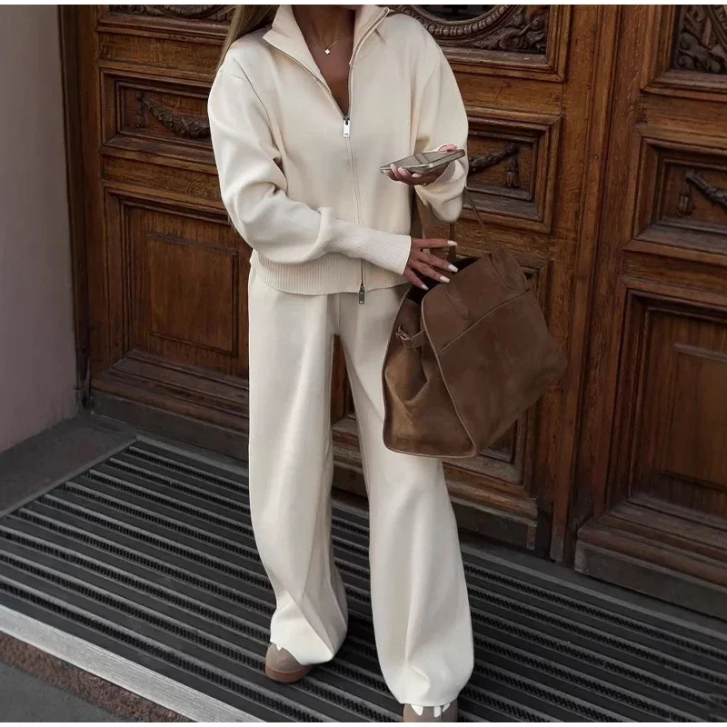 Knitted Pants Sets Women Stand Collar Zipper Cardigan Loose High Waist Pants Suits Autumn Winter New in Matching Outfits