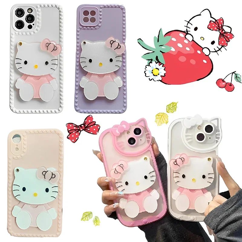 

Kawaii Sanrio Hello Kitty Cartoon Mirror Mobile Phone Case for iPhone 13 12 11 Pro X XS Soft Rubber Anti-drop Protective Case