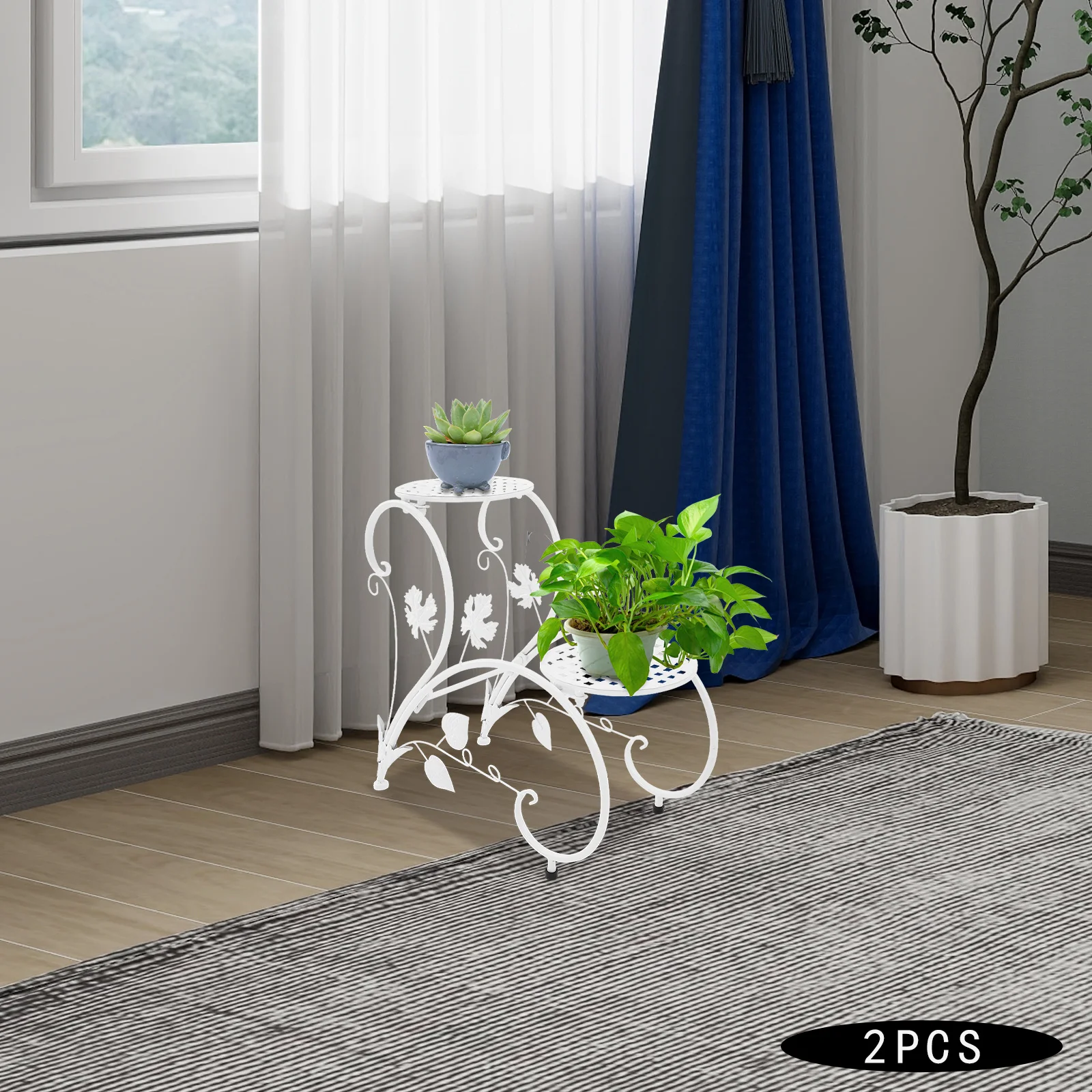 2er-Pack Metall-Blumenständer - Vintage Schwarz/Weiß Pflanzenregal für Balkon/Garten/Wohnzimmer – Detail 8