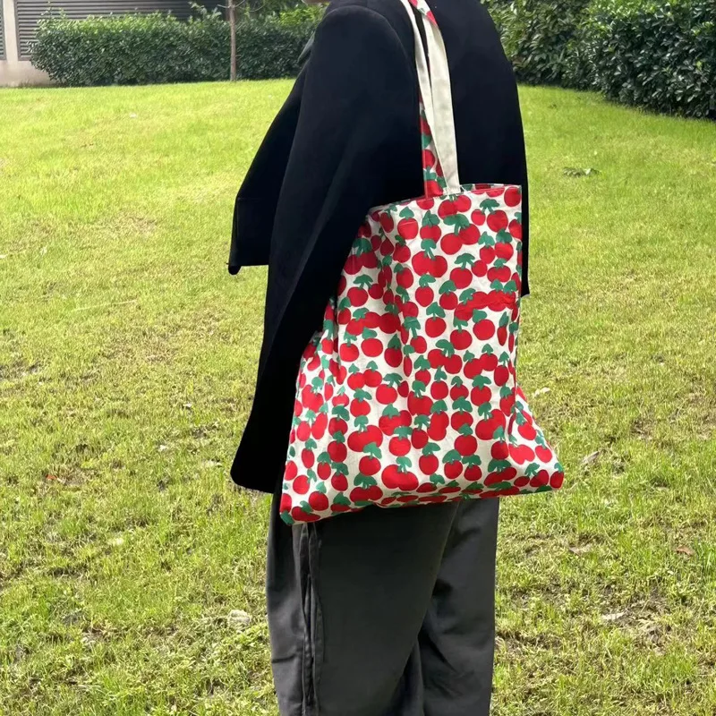 Summer New Fruit Printed Shoulder Bag Large Capacity Handbag Canvas Retro Square Casual Storage Bag Fashion Shopper All-match