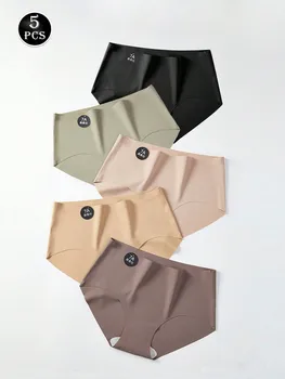 5Pcs Seamless Ice Silk Panties For Women Solid Color Invisible Panties Soft Thin Slip Silk Underwear Mid-waist Comfortable