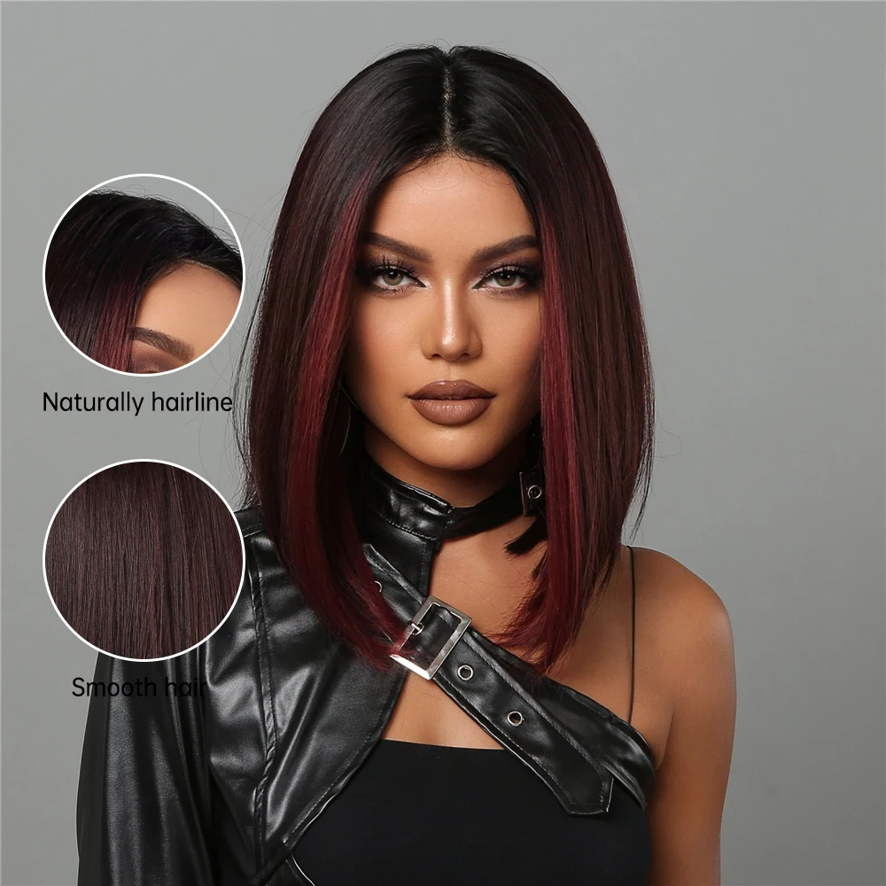 HAIRCUBE Bob-Perücken für Damen, kurze schwarze Bob-Perücke mit roten Highlights, Mittelteil, Kunsthaar-Perücken, hitzebeständiges Cosplay-Haar_voghion.com