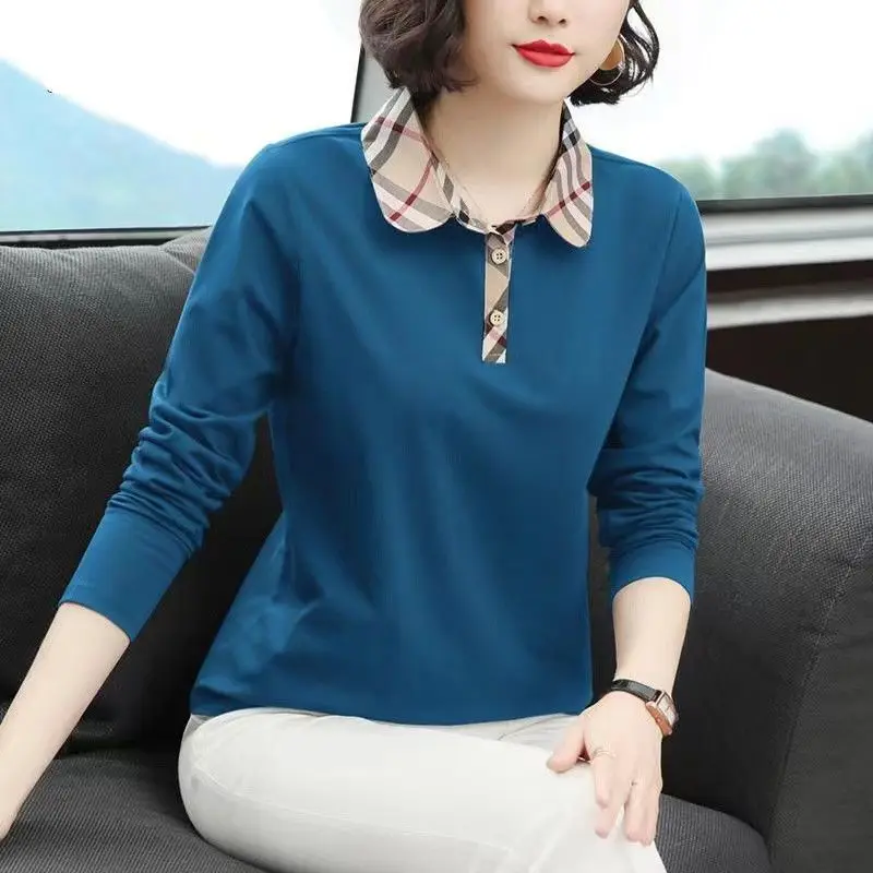 

Solid Color Long Sleeved T-shirt Women New Spring Autumn Mother's Clothing Loose Fitting POLO Collar Bottoming Shirt M-5XL