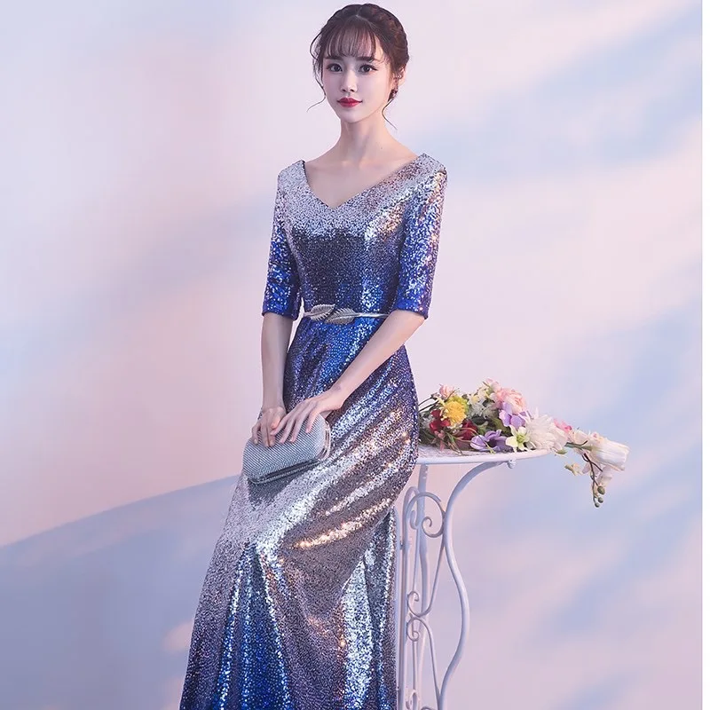 

Starry Sky Bright Blue Sexy V Neck short sleeves women's formal prom evening dress sequined wedding party dress Ceremony Dress