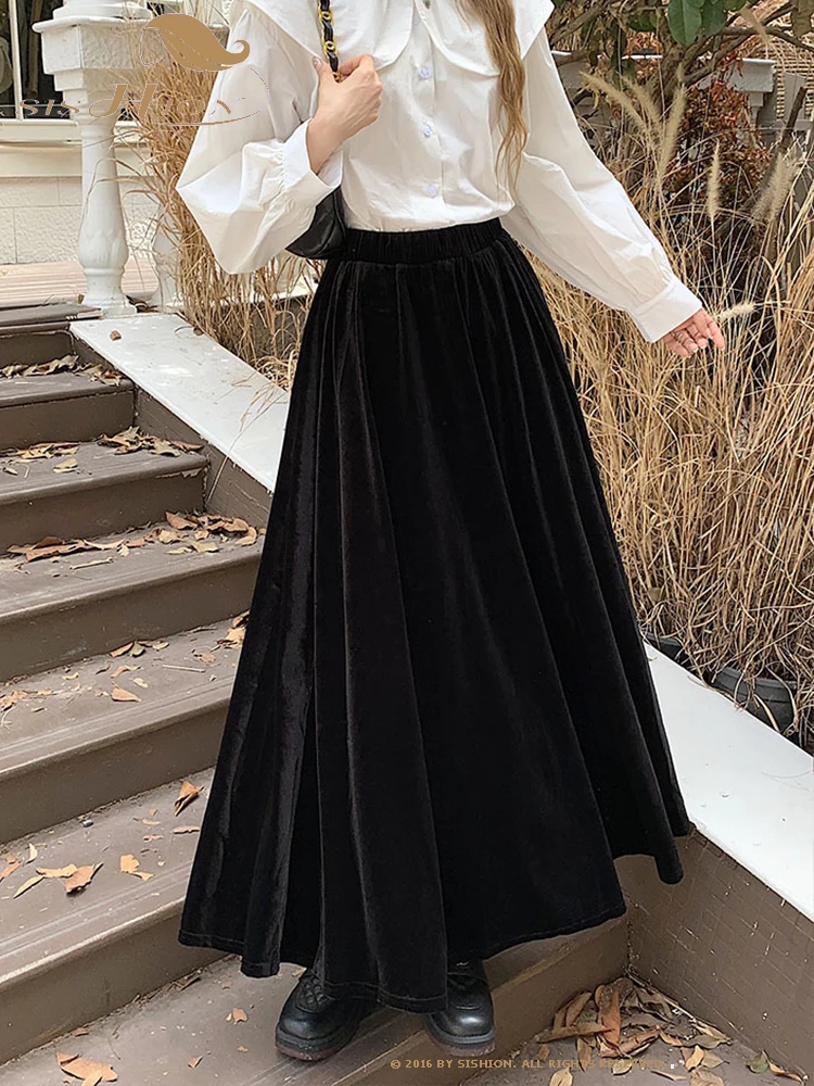 

Autumn Winter Long Black Velvet Skirt for Women 2023 Vintage Elegant Solid A Line High Waist Long Maxi Skirt Female SR1357