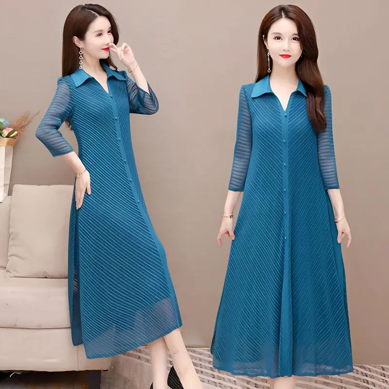 

2023 Women's Clothing Solid Button Three Quarter Sleeve Simplicity Turn-down Collar Loose Gauze Patchwork Fashion Casual Dresses