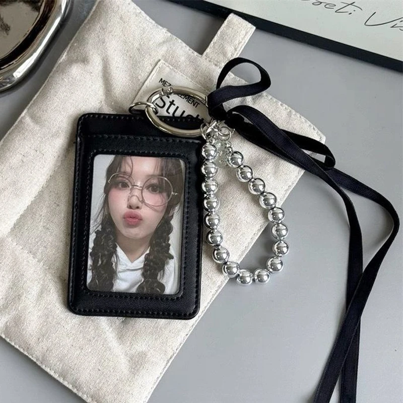 실버 PU 가죽 카드 홀더 3인치 사진 프레임 아이돌 소형 카드 디스플레이 소녀 ID 카드 보호 케이스 키체인 가방 펜던트