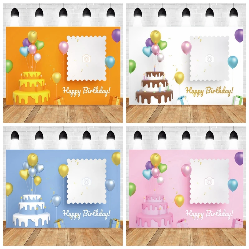 

Happy Birthday Photography Backdrop Customized Photo Cake Balloons Boys Girls Birthday Party Decor Background Photo Studio Props