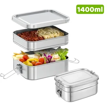 Stackable Bento Lunch Box for Kids & Adults, 1400ml Stackable Stainless Steel Food Storage Container for School, Work & Travel