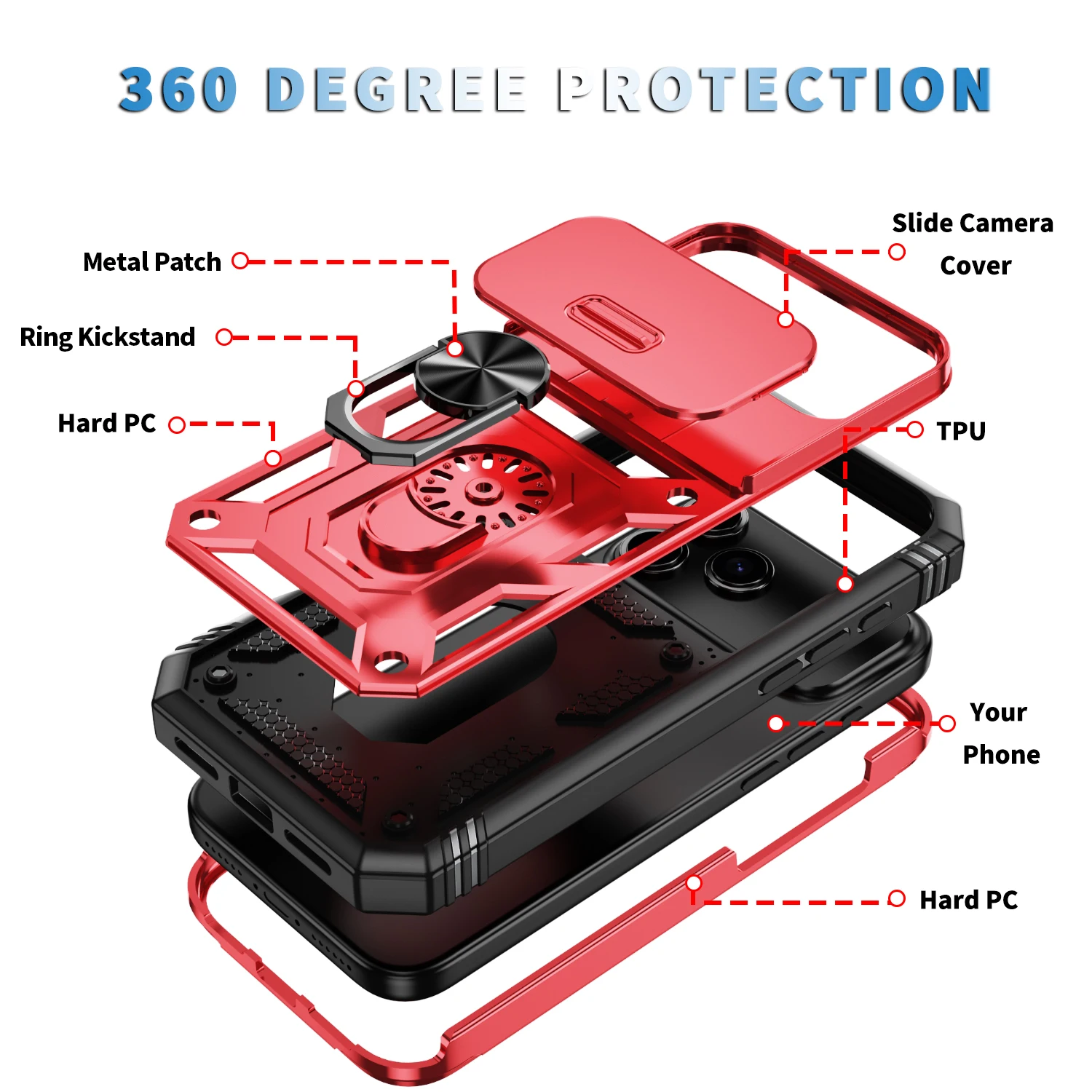 Heavy Duty Phone Case with 360-Degree Kickstand and Camera Protection