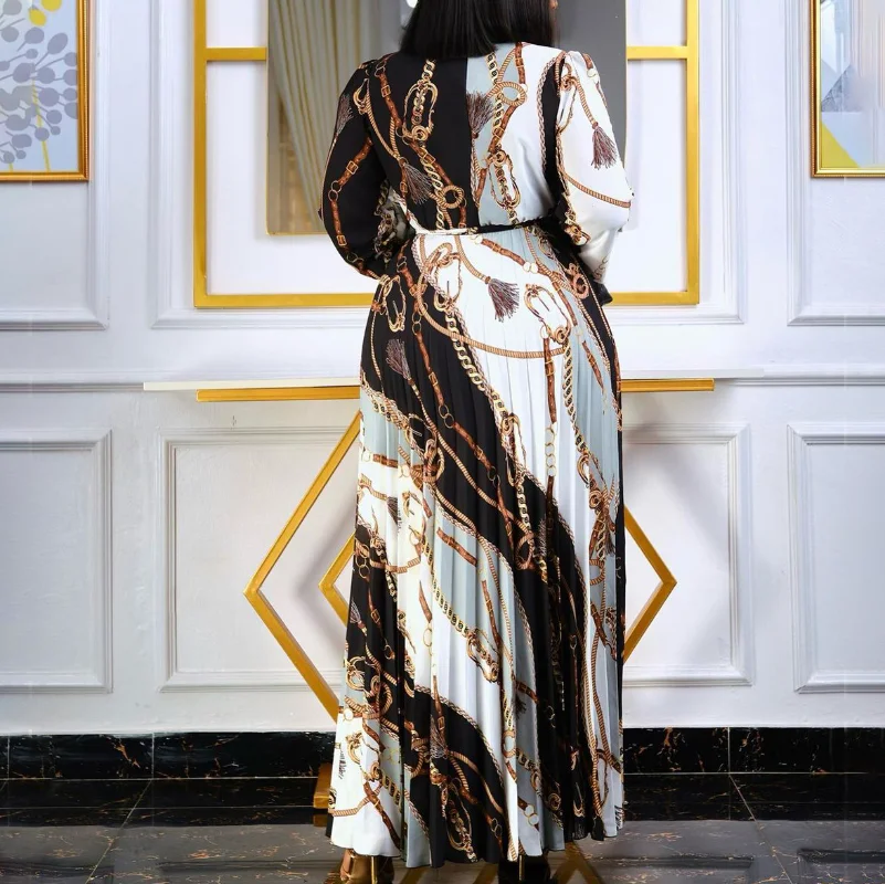 Women's Long Sleeve Muslim Abayat Printed Pleated Abaya with Waistband, Loose Women's Dress, Europe and America, New, 2022