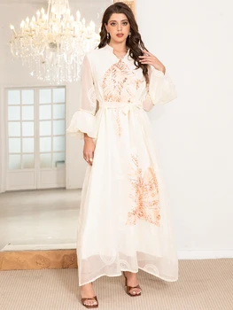 Elegant High Neck Arab Thobe Dress with Polka Dot Jacquard Embroidery & Lantern Sleeves, Modern Traditional Design 5