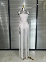 Summer New Women Sexy White Red Tassel Bandage Bodysuit Celebrity Designer Bodysuit Dancer Night Club Stage Stage Costume