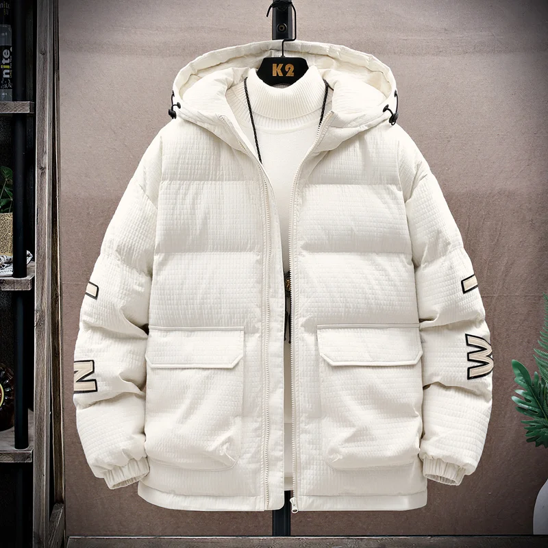 Fashion Youth Men Winter Letter Embroidery Large Pocket Hooded Cotton-Padded Jacket Unisex Parkas Thick Warm Fashion Windbreaker