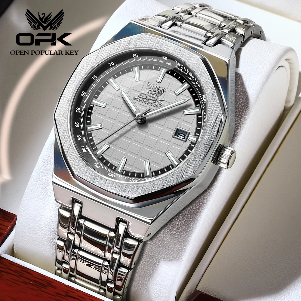 OPK Men's Watches Classic Fashion Stainless Steel Original Quartz Watch for Man Waterproof Luminous Calendar Simple Style