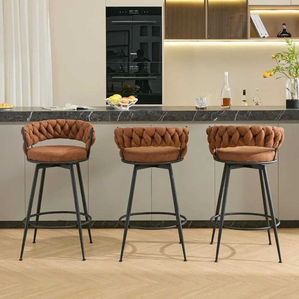 360&deg; Swivel Bar Stools, 28inch Counter Height Bar Stools Modern Barstools with Woven Back and Suede Fabric