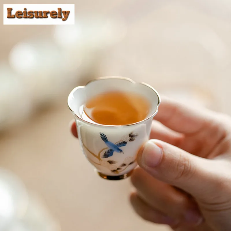 35ml Chinese Mutton-fat Jade White Porcelain Tea Cup Handmade Flower And Flower Tea Bowl Teaset Master Cup Travel Meditation Cup