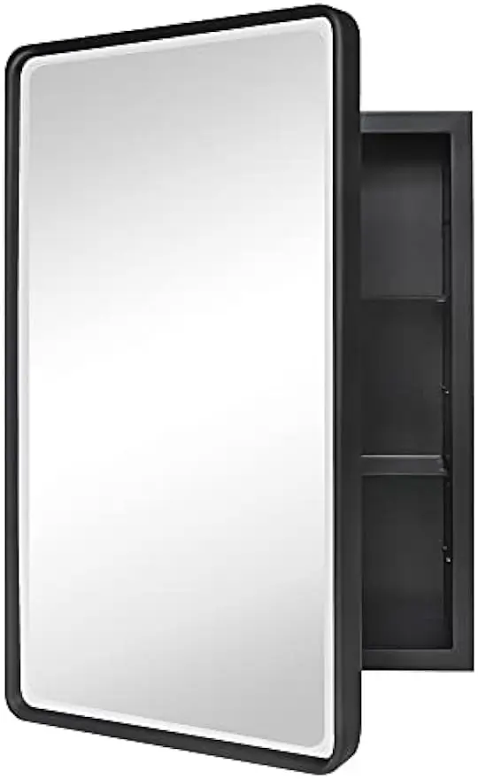 

Farmhouse Black Metal Framed Recessed Bathroom Medicine Cabinet with Beveled Mirror Rounded Rectangle