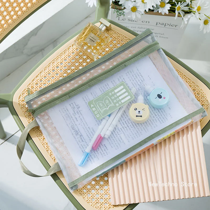 A4 Stationery Storage Bag Mesh Zipper Bag Large Capacity Organizer Bag Cosmetic Transparent File Folders