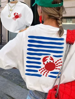 Spring And Summer Casual Women'S Tee with a Easy Crab Print Design, Featuring Short Sleeves And a Round Neck 1