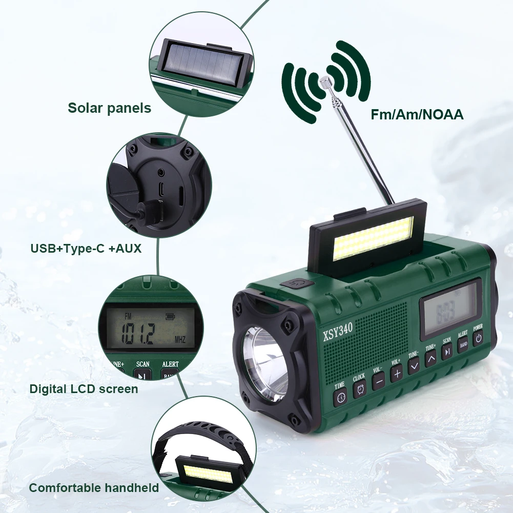 휴대용 핸드 크랭크 태양광 라디오, USB 충전 LED 손전등, 보조배터리 충전식 램프, AM FM NOAA 기상 라디오, 10000mAh