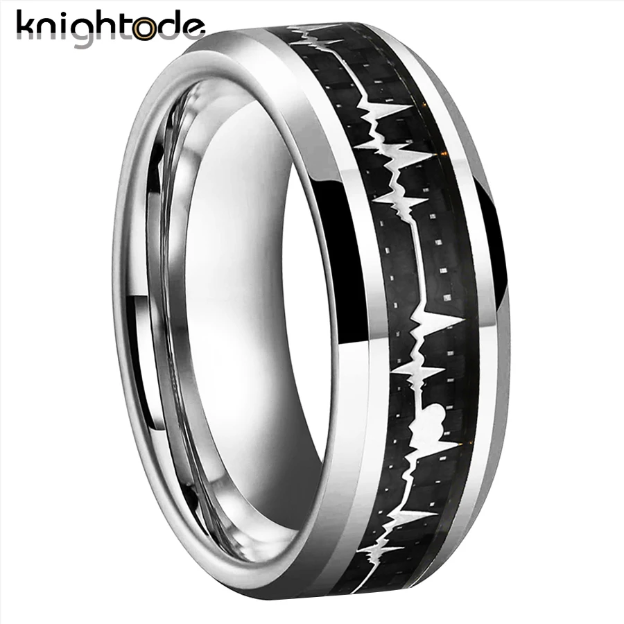 

8mm Silvery EKG Heartbeat Wedding Band Tungsten Ring Carbon Fiber Inlay Engagement Jewelry Beveled Edges Polished Comfort Fit