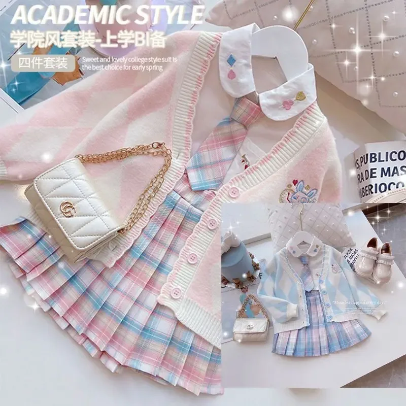 

Girls' College Style Suits 2023 Spring Knitted Cardigan 4pcs Sets Shirt Coat Tie Skirt School JK Uniform Dress Set For Grils