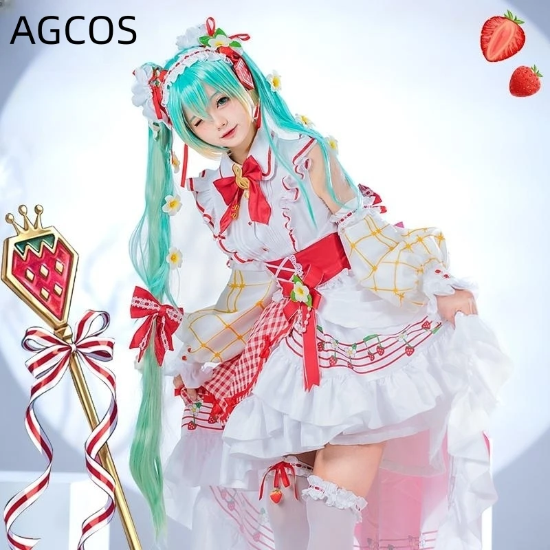 

AGCOS Anime Miku 15th Anniversary Cosplay Costume Woman Christmas Miku Lovely Strawberry Cosplay Dress Costumes Clothes