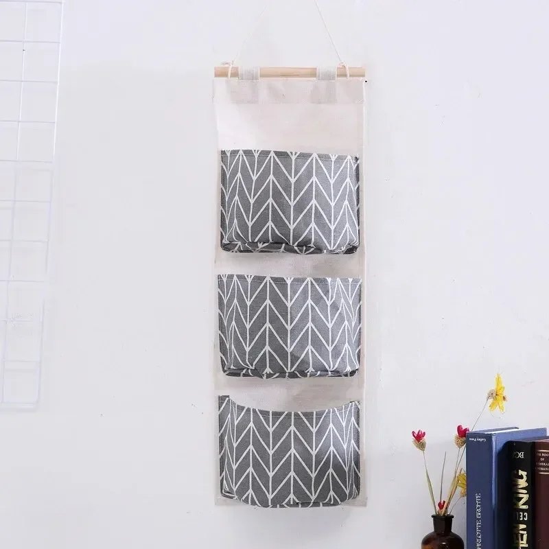 Cotton Linen Pattern Hanging Storage Bag 3 Pockets Wall Mounted Wardrobe Hang Bags Wall Pouch Cosmetic Toys Organizer 1/2PC hanging storage organizer hanging storage bag wall mounted organizer