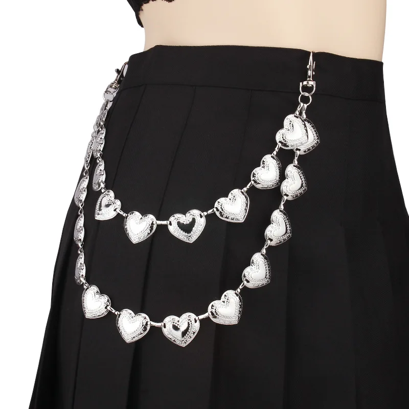 

Ремень в винтажном стиле Женский, тонкий металлический серебристый пояс в форме сердца, с золотой цепью, аксессуар в стиле Харадзюку