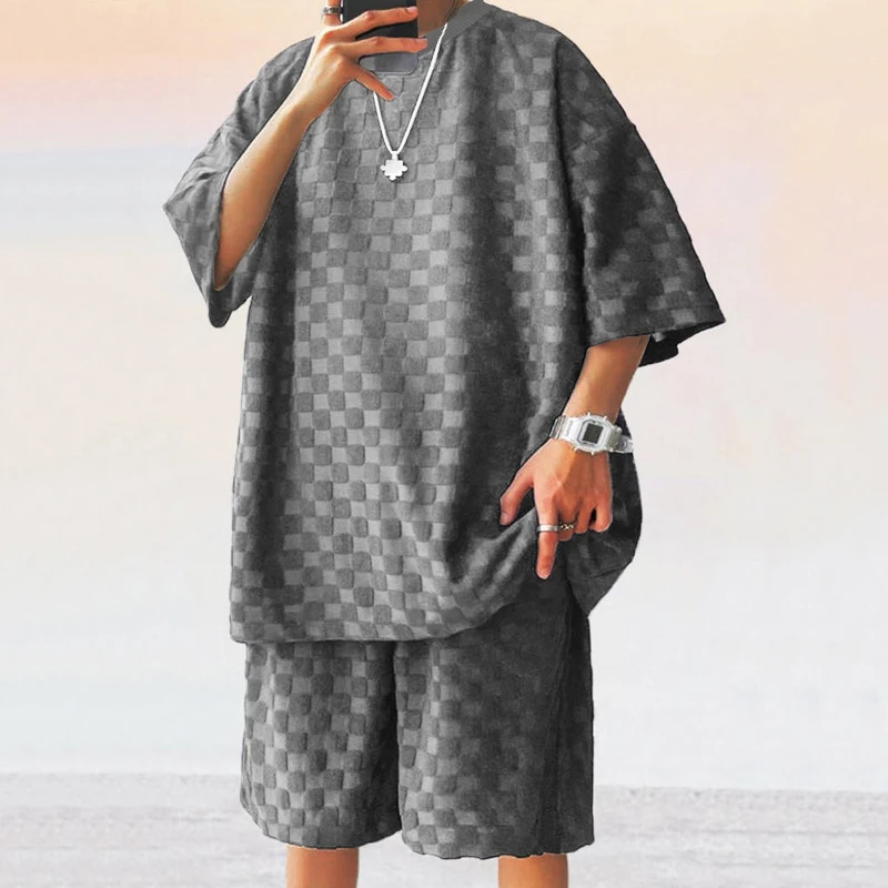 2025 cross-border men's summer new jacquard plaid short-sleeved T-shirt loose large size straight leg casual shorts set 2