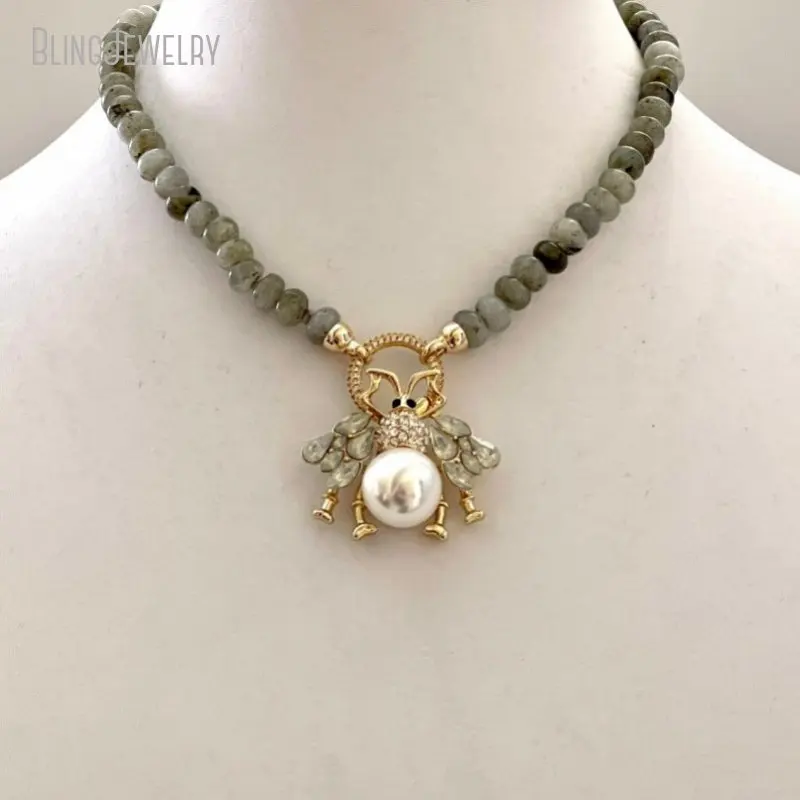 Hand Knotted Semi Precious Beads Labradorite Rondelle Necklace Micro Pave Clasp Cz Bee Pendant Choker Women Layered Jewelry