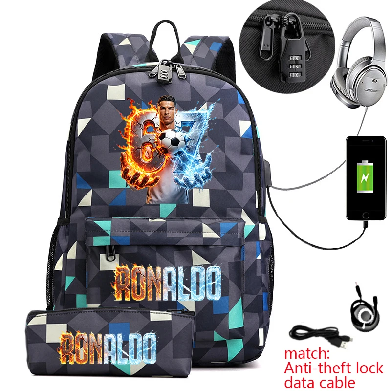Cr7 Ronaldo 67 Print Anti-Theft Student Backpack with Pencil Case for Teenagers Kids School Daypack 1