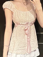 Pink Floral Print Cinched T-shirt Blouse Women Sexy Folds Square Collar Lace-up T-shirts Summer Sweet Vintage Backless Tops Tees - Image 2