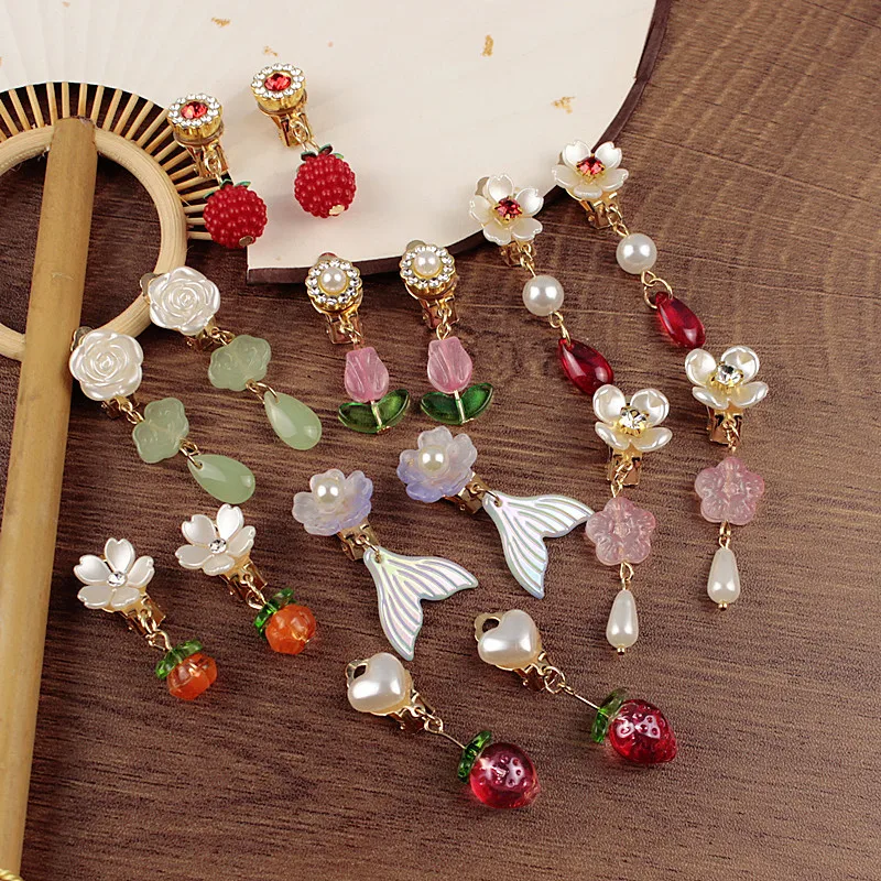 Strawberry pumpkin peach fruit cartoon ear clip Chinese style Hanfu pendant earrings studs earrings children's accessories