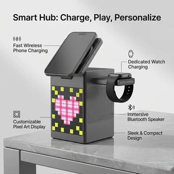 Magnetic 6-in-1 Fast Wireless Charger with Bluetooth Speaker, Digital Clock & Pixel Display, Compatible with MagSafe iPhone, App