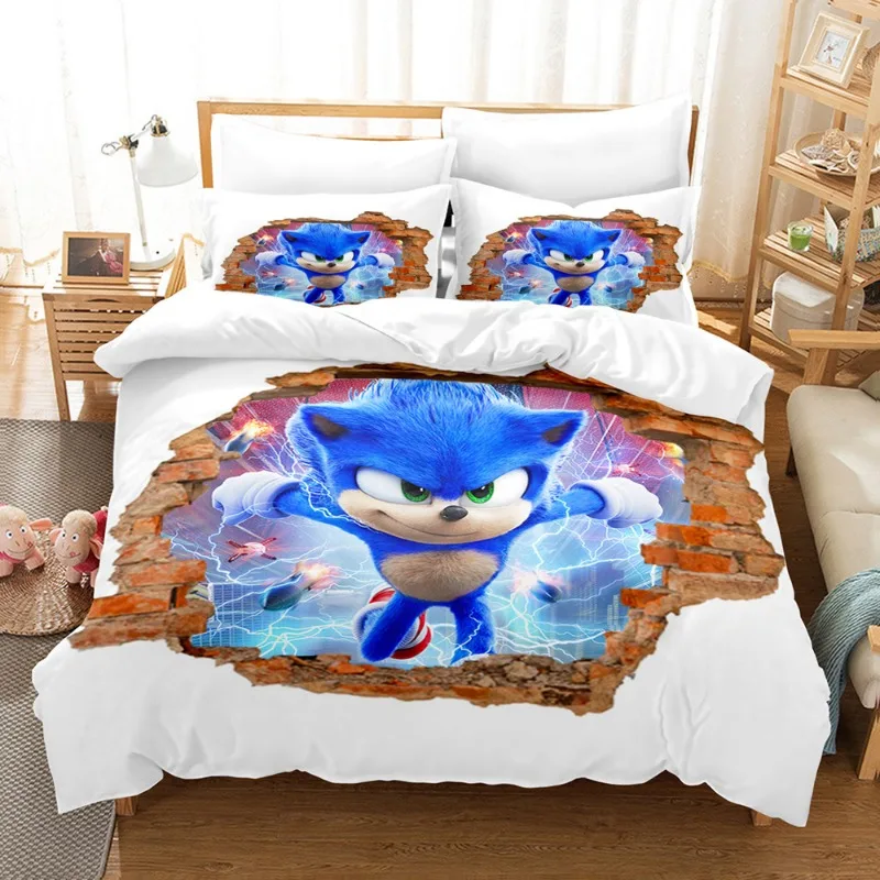 thumbnail image 1 of Juegos de cama tamaño king de Sonic The Hedgehog, funda de edredón con estampado 3D de dibujos animados de anime y funda de almohada, funda de edredón para dormitorio, juego de cama, 1 of 5