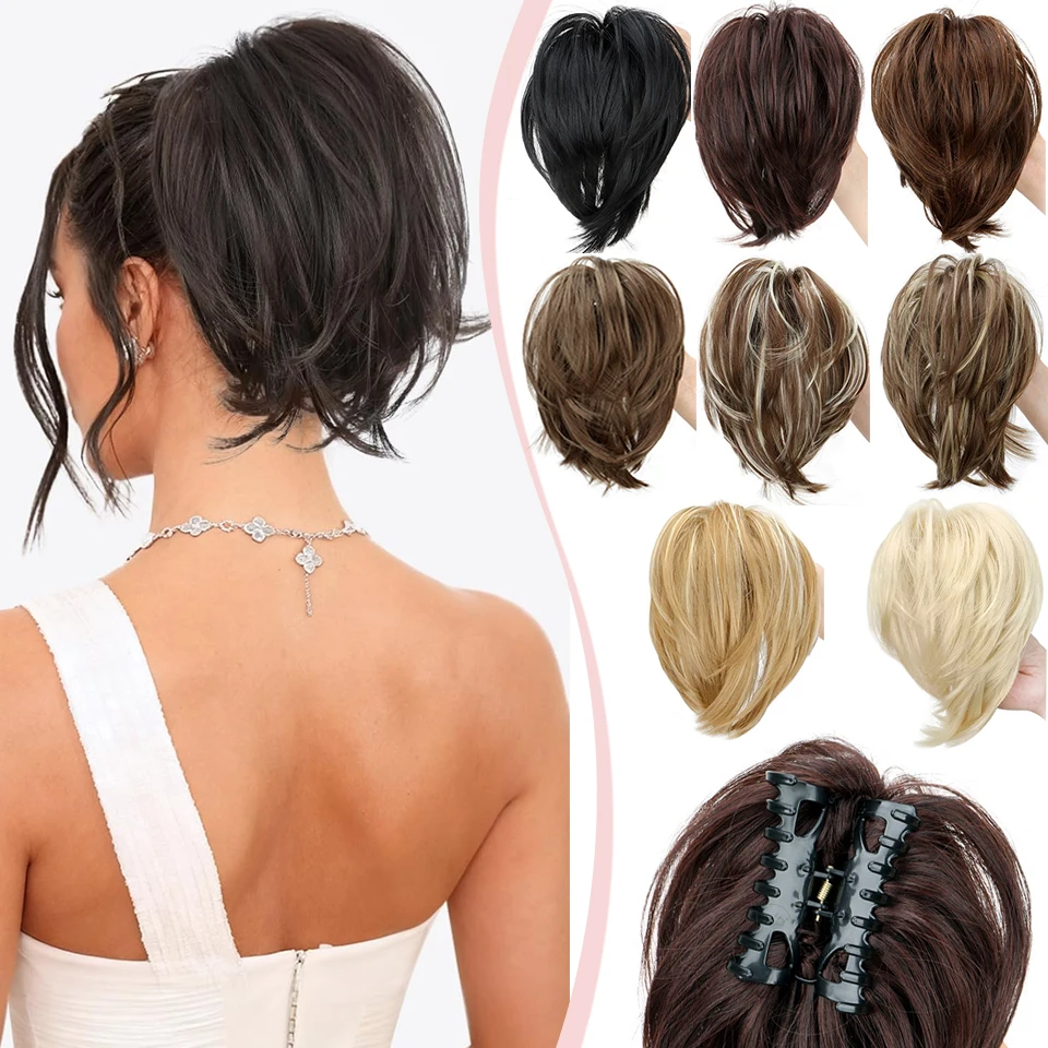 Clip per capelli a coda di cavallo corta con chignon sintetico liscio biondo o castano per donna, per uso quotidiano - immagine 2
