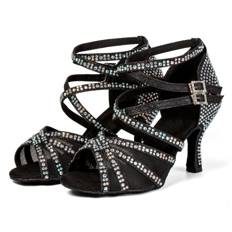 Latin dance shoes 2025 new adult women's mid heel 7.5cm black diamond studded soft soled dance shoes 4