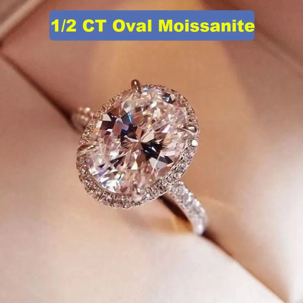 

1/2 Carat D Color Real Oval Moissanite Rings for Women Wedding Platinum Plated 925 Sterling Silver Diamond Jewelry 2023