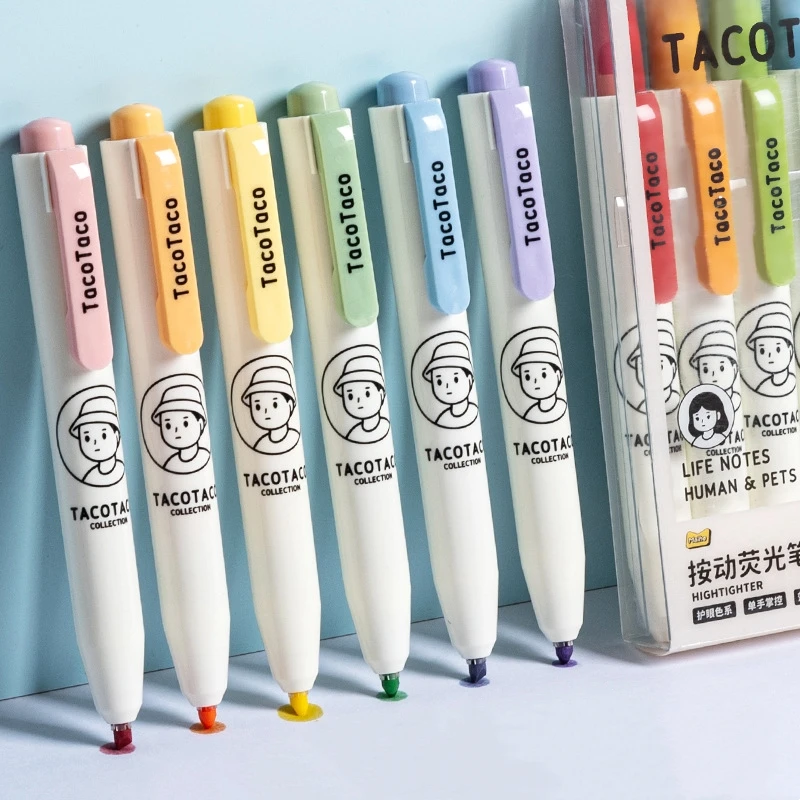 6pcs Taco Color Highlighter Pens Set Cartoon Human & Pets Knock Type Art Marker For Drawing Painting A7592