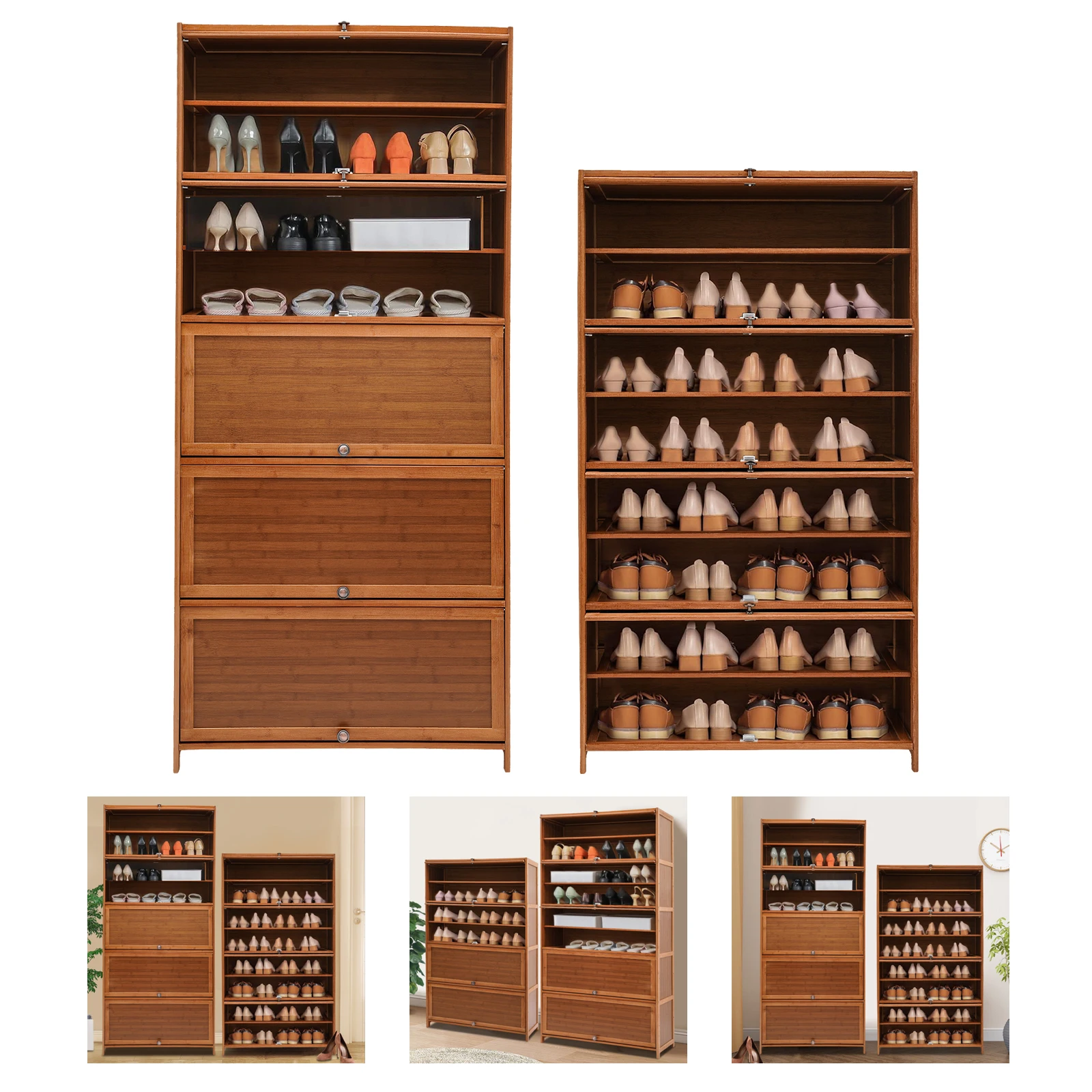 Modern 10-Tier Shoe Storage Cabinet, Bamboo Material, Flip-Up Doors, Raised Bottom, Space-Saving Design