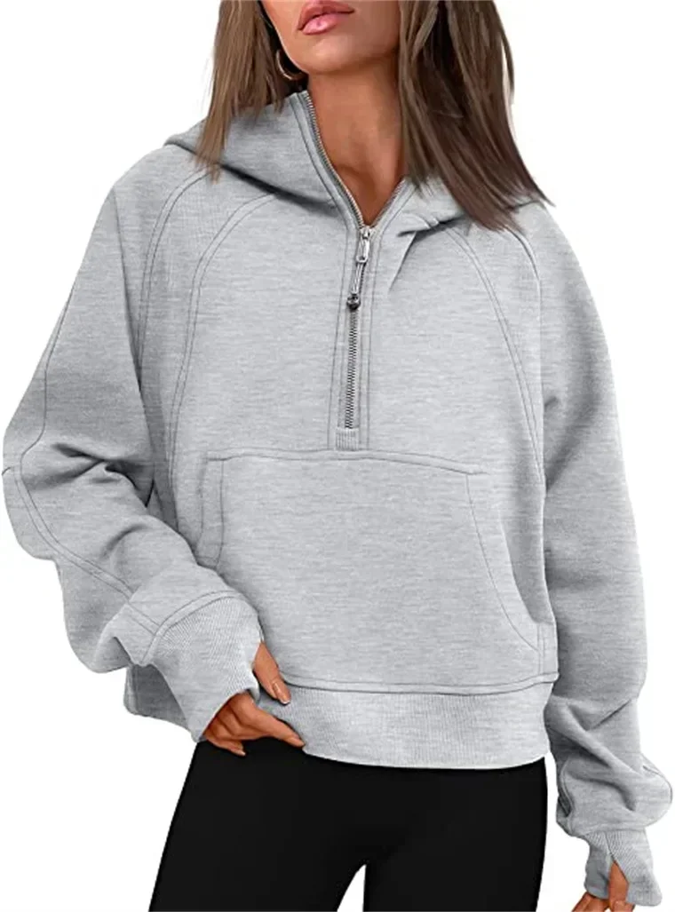 

Sports half zipper hoodie sweater loose short plus velvet
