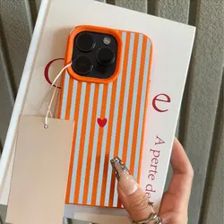 Blue Striped Red Heart Minimalist Pattern Phone Case - iPhone 15 (Orange - YYDSW5425)