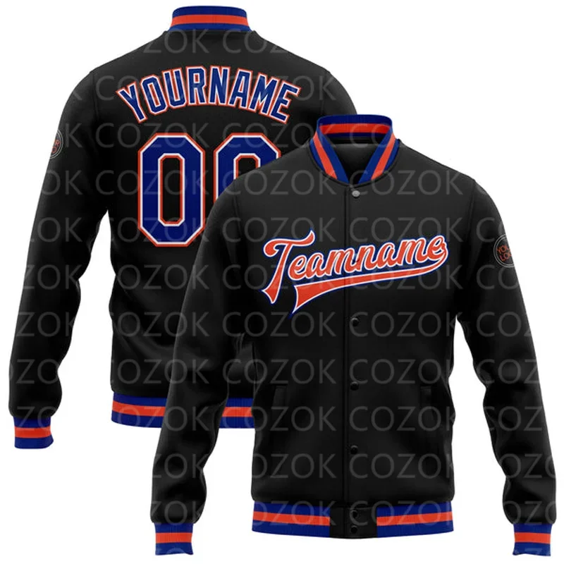 Custom Black Blue 3D Printed Baseball Button Jacket Bomber Full-Snap Varsity Letterman Jacket